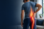 Man holding his lower back with a highlighted spine and sciatic nerve illustration, depicting lower back pain, sciatica, or nerve-related discomfort.