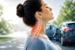 Woman standing outdoors with a highlighted cervical spine overlay illustrating a whiplash injury. The neck vertebrae are shown in a semi-transparent medical visualization with a warm glow indicating inflammation or strain, while blurred vehicles in the background suggest a recent car accident. The image represents whiplash recovery, neck pain treatment, and rehabilitation following a collision.