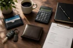 Health insurance card, calculator, wallet, and patient estimate form representing personal injury chiropractic costs, insurance coverage, and accident-related medical billing.