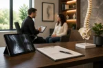 Chiropractor consulting with an injury patient beside spinal X-rays and a spine model, documenting findings for a personal injury insurance claim.