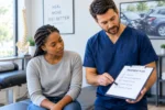 Gap in treatment after a car accident, showing a chiropractor reviewing a patient's treatment plan and recovery progress